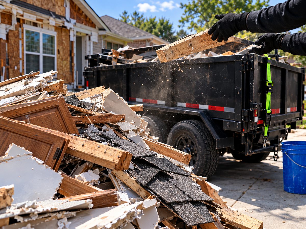Construction debris including drywall and lumber loaded into a dump trailer