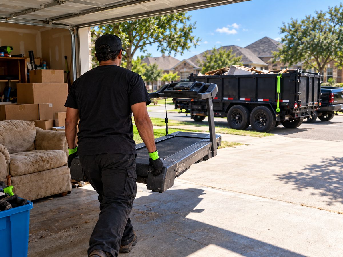 Garage cleanout in progress with furniture being carried to a black trailer