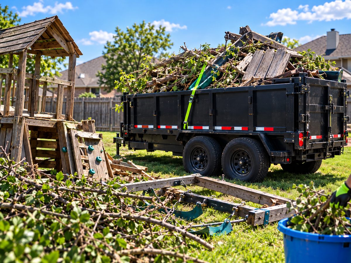 Yard waste and a dismantled wooden playset loaded onto a trailer